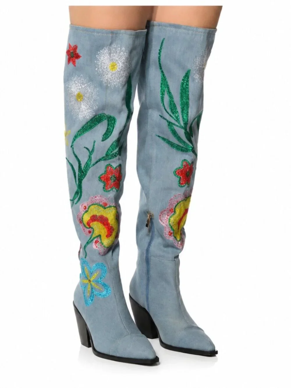 Azalea Wang Izara Denim Embroidered OTK Western Boots Size 11 Rhinestone